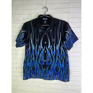 Silver Point Button Down Flame Fire Short Sleeve Shirt Black Blue Boys Size M